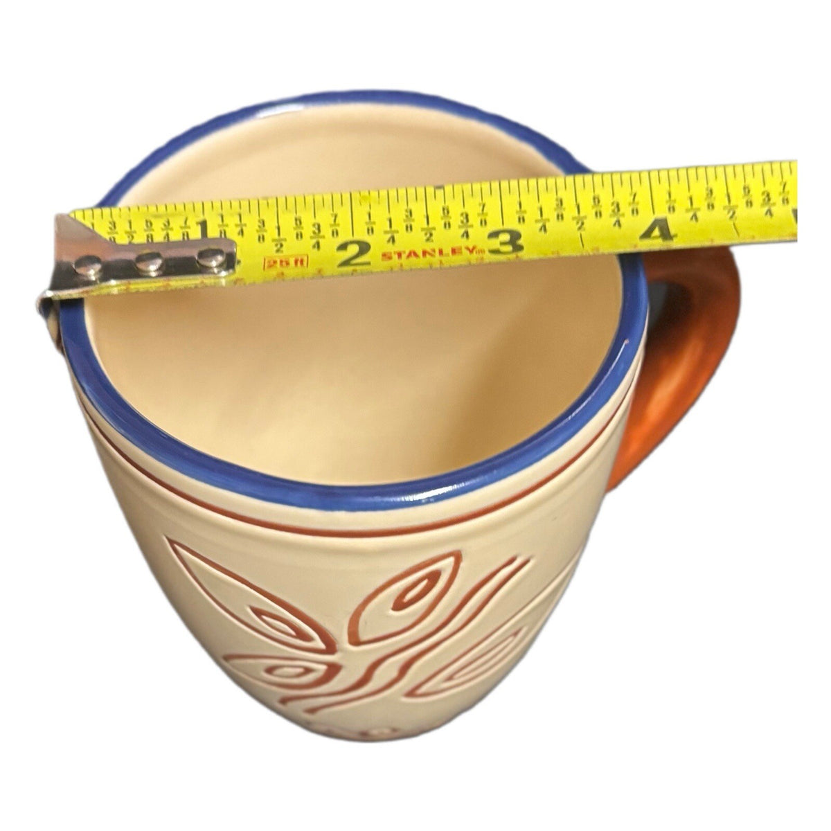 Pfaltzgraff TIMBUKTU 2-Mugs Ceramic Coffee Tea Cups Blue Trim Orange Handle