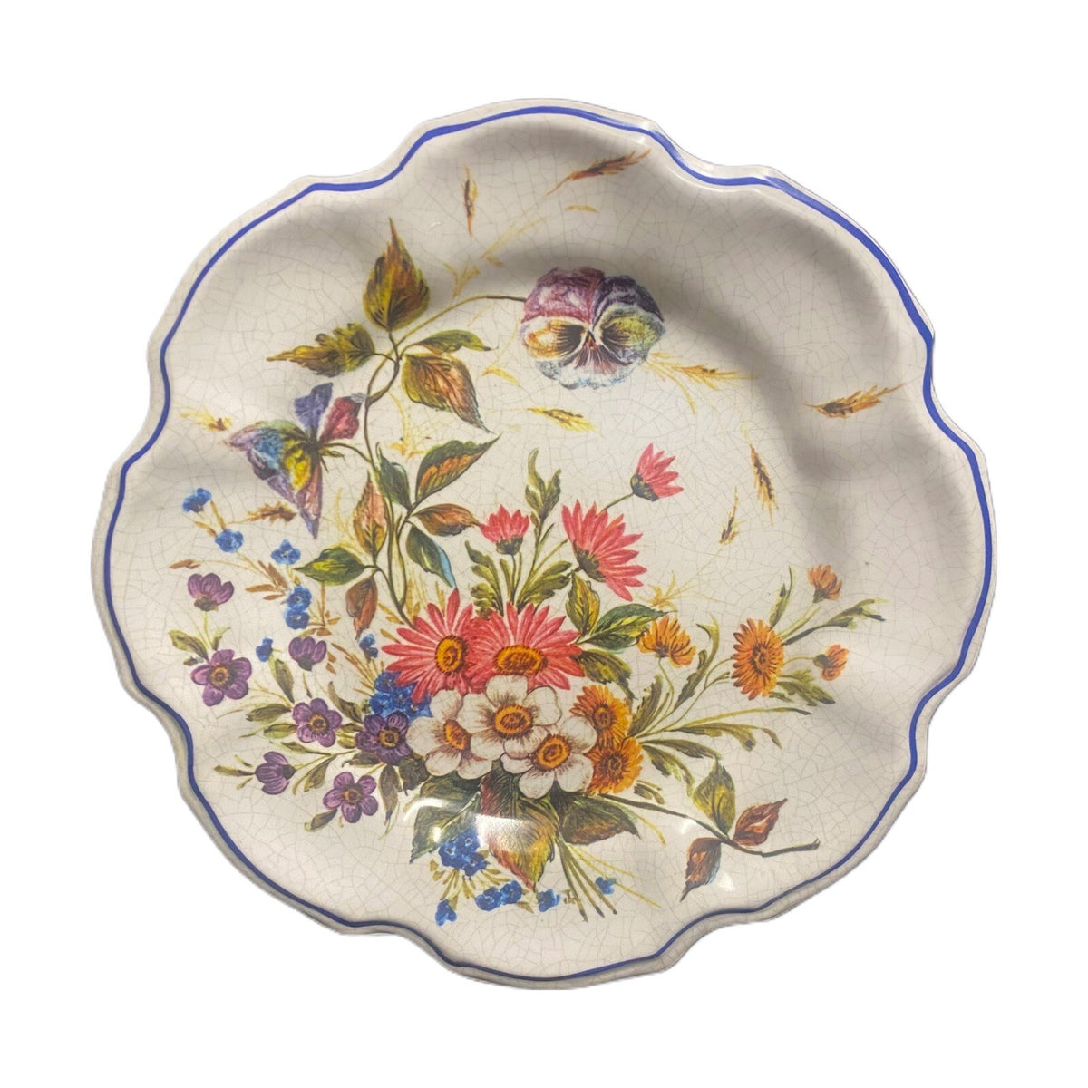 6-Italy Scalloped Dinner Plates Melamine Flowers Blue Trim Crackled Wall Hanging