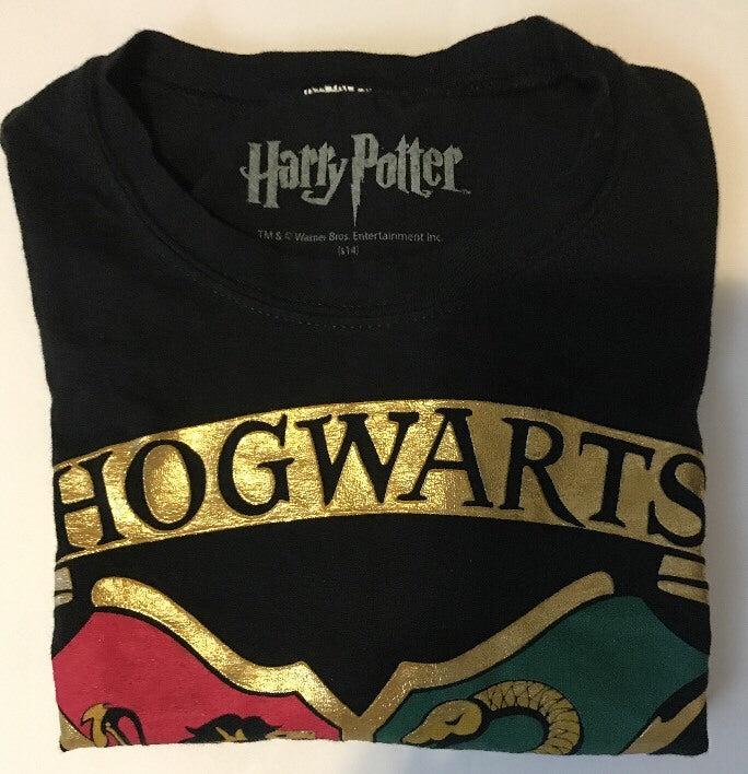 Harry Potter Hogwarts Black Tee Women’s M Warner Bros Gold Crest 100% Cotton