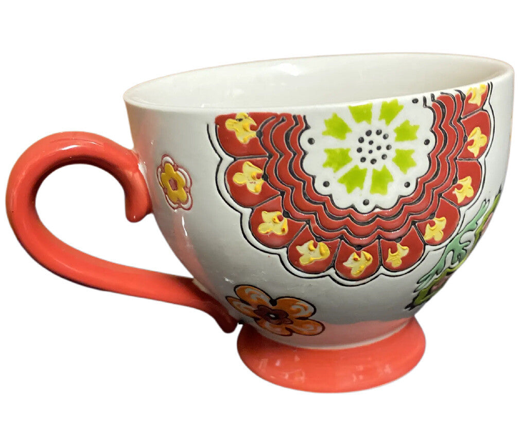 Tabletops Gallery ROBIN Hand Painted Footed Coffee Mug Embossed Paisley Floral