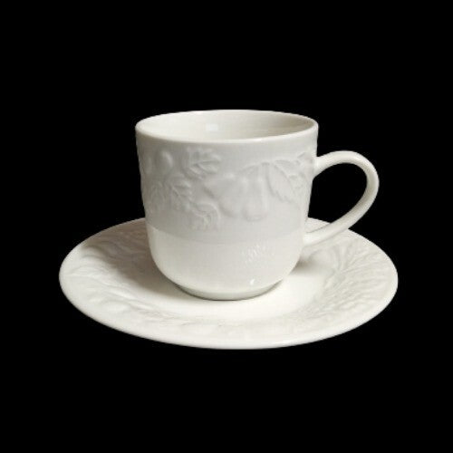 Gibson Designs FRUIT 4 Cups & 4 Saucers 8 oz Embossed Fruit, White Dinnerware