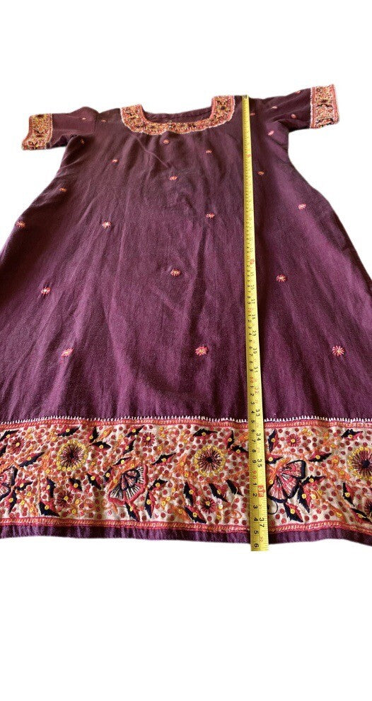 Women Embroidered Dress Kurti Indian Embellished Mirrors Tunic Top Purple Kurta