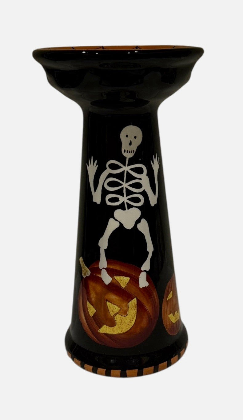 Gates Ware Halloween Skeleton Pumpkin Candy Bowl 11” Pedestal Spiderweb Ceramic