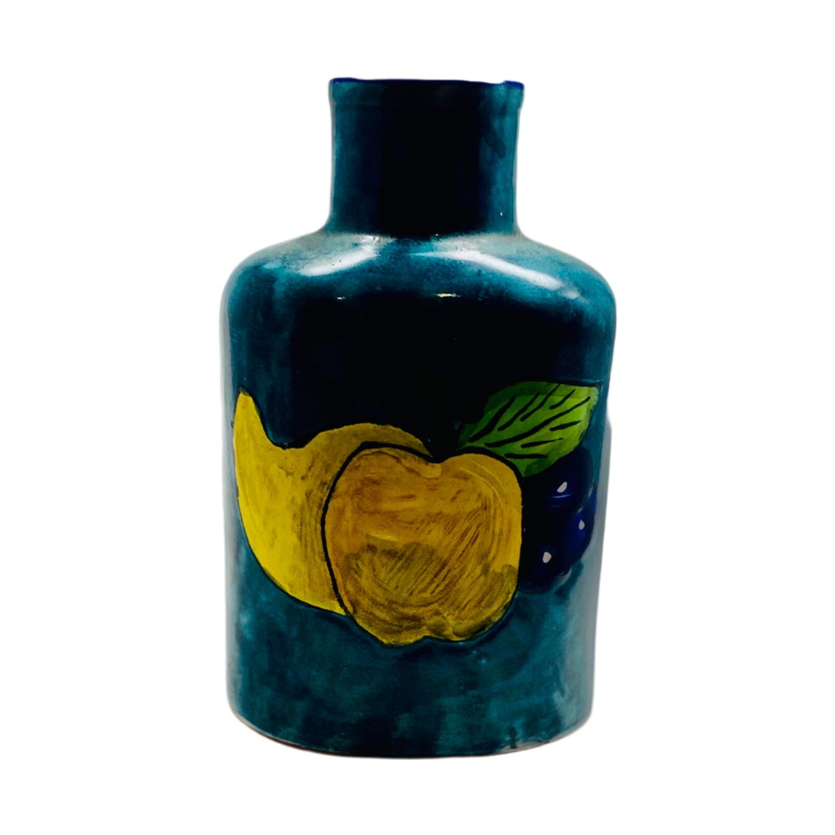 Vintage Vase Hand Painted TALAVERA Mexican Pottery Turquoise Yellow Apple Pear