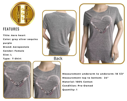 Aeropostale T-Shirt Heart Embellished Sequins L Gray Short Sleeves Crew Neck Top