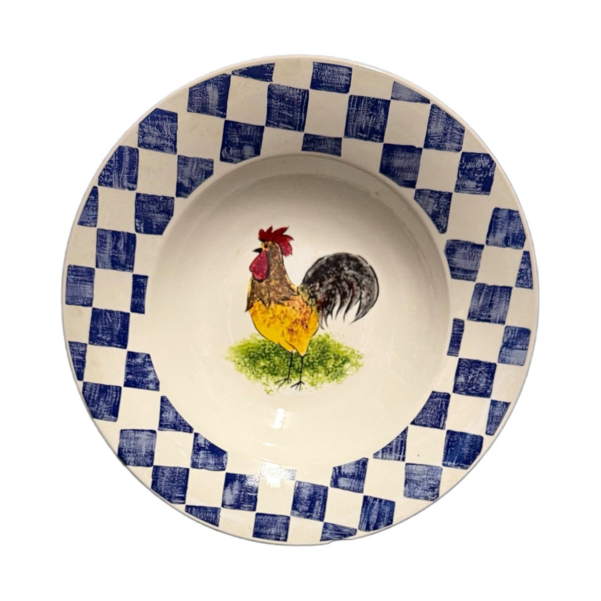 Tabletops Unlimited Countryside Rooster Pasta Serving Bowl 12.5” Blue Check Rim