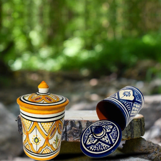 2 Handmade Moroccan Ceramic Canisters 24oz Blue Orange Tea Sugar Spice Storage