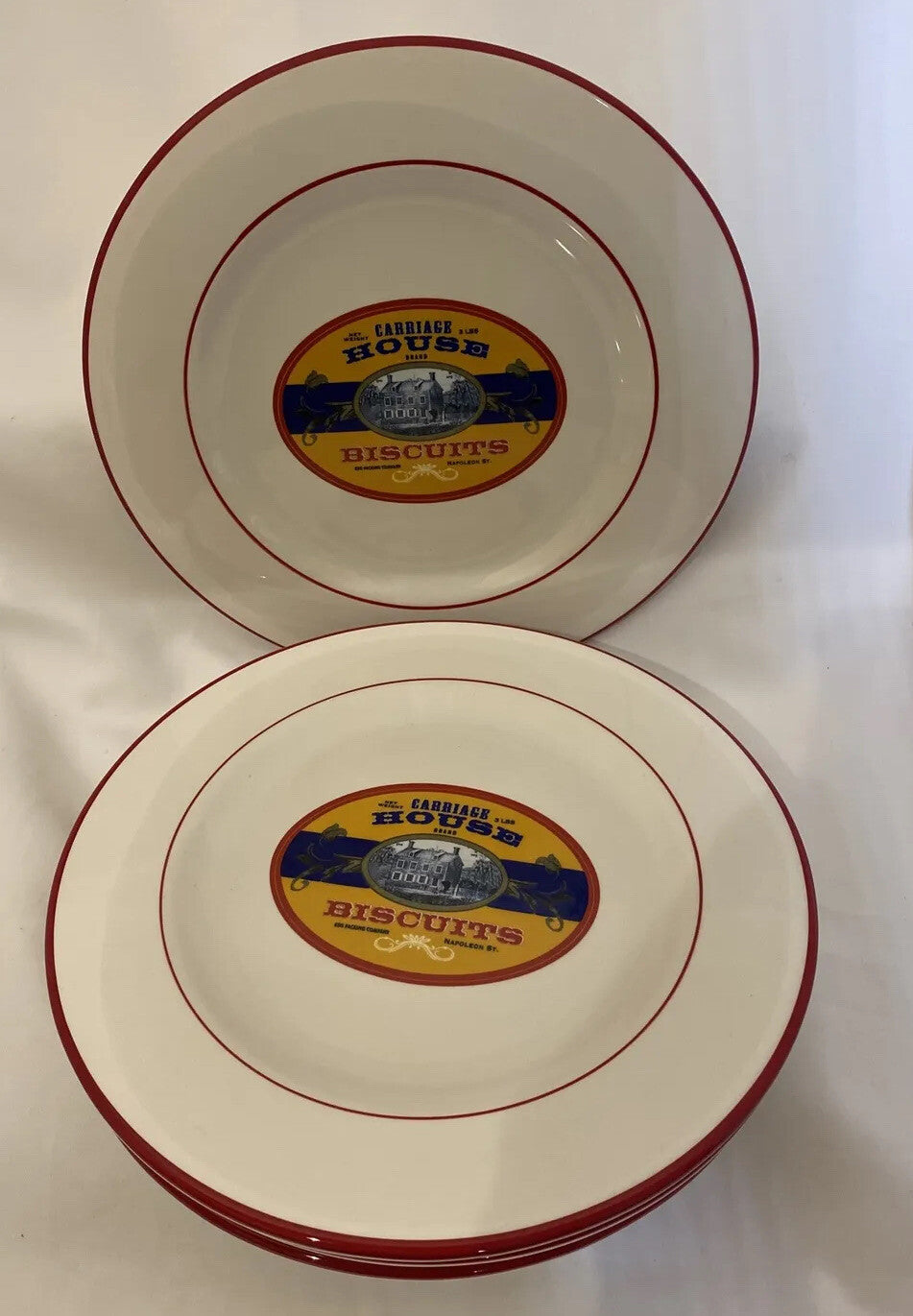 Williams Sonoma Carriage House Biscuits 4 White Luncheon/Salad Plates Red Trim