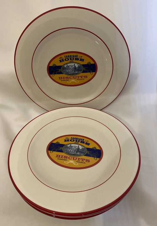 Williams Sonoma Carriage House Biscuits 4 White Luncheon/Salad Plates Red Trim