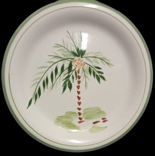 Gibson Designs PALM COURT Dinner Plate White 10 ¾" D Green Palm Tree Green Trim