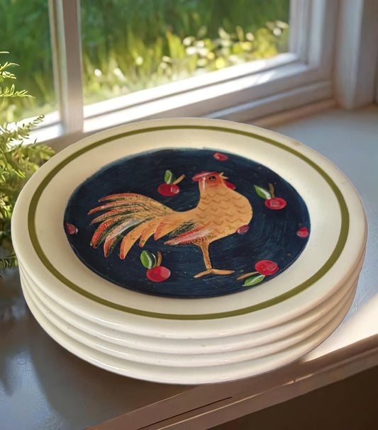 4-Rooster Salad Plates Blue Red Apples Ceramic Dessert Luncheon Appetizer Dishes