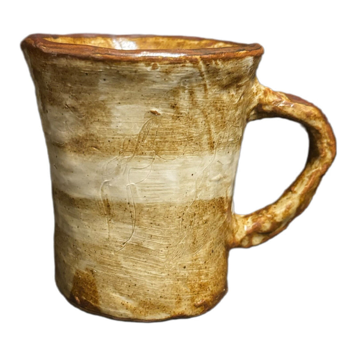 Art Pottery Handcrafted 2-Mugs Brown Greenish Shades Stoneware Tea Coffee Cups