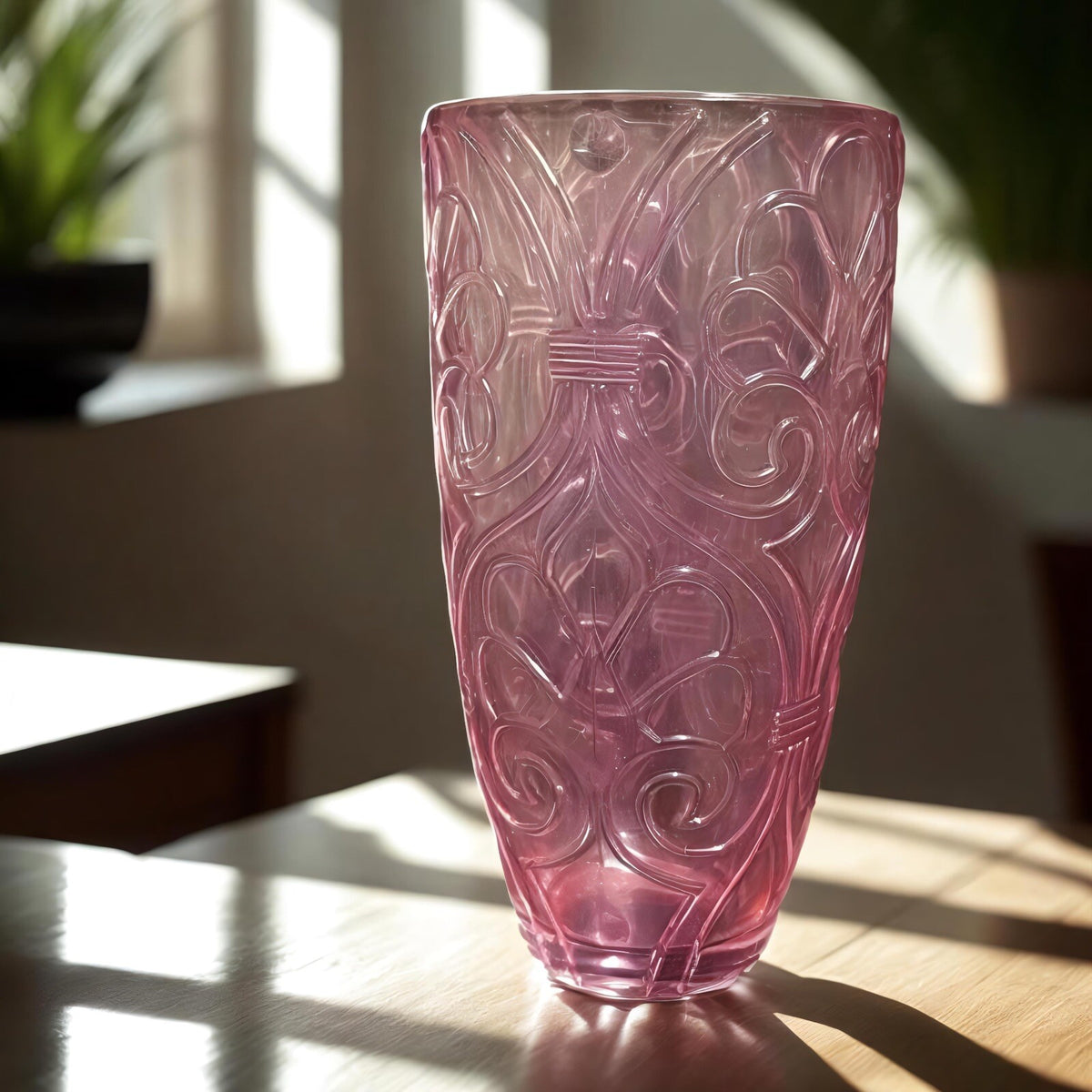 PINK VASE Tall Glass Intricate Molded Designs Pressed Glass