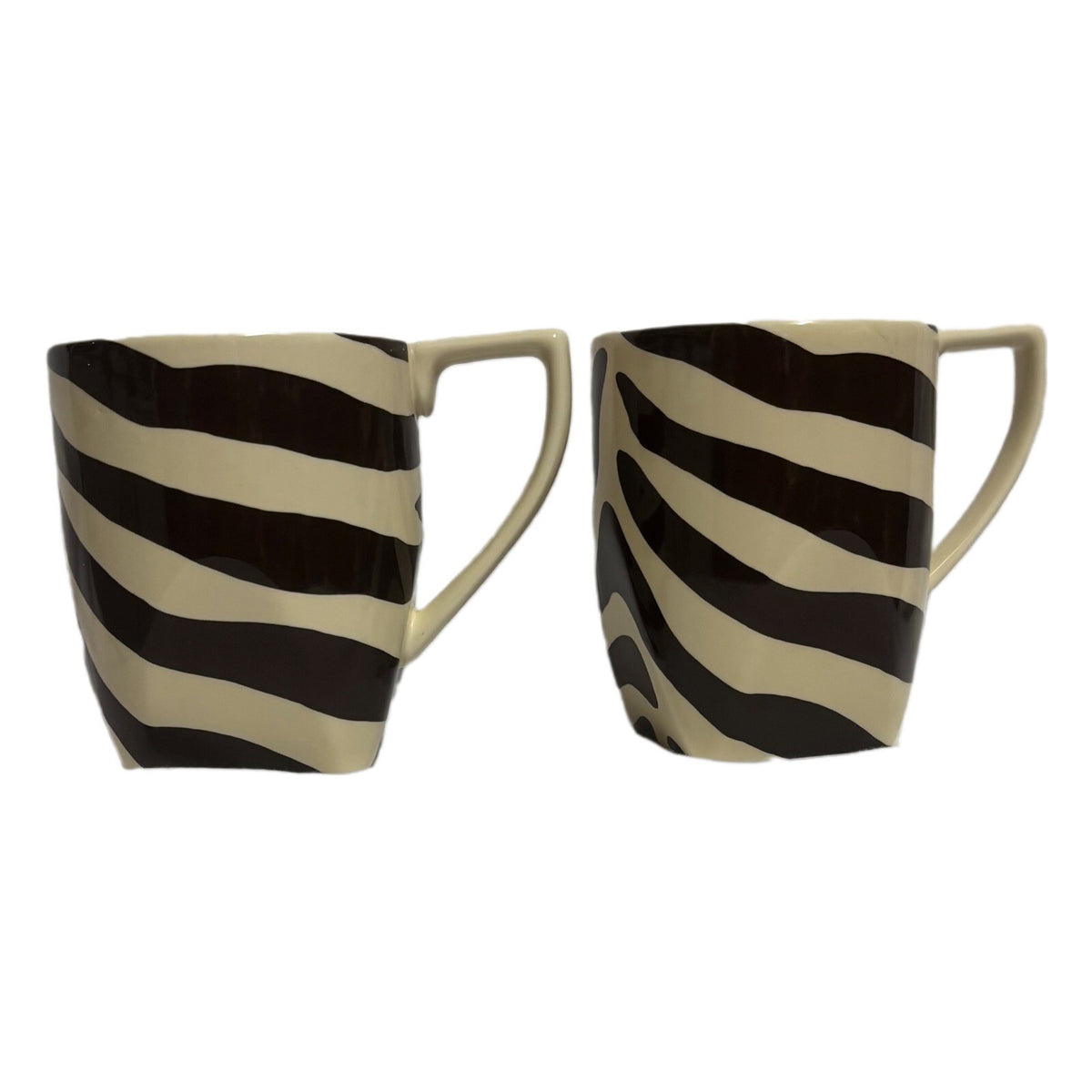 222 Fifth 2-Mugs BROWN ZEBRA Fine Porcelain Coffee Tea Cups Stripes PTS Int'l