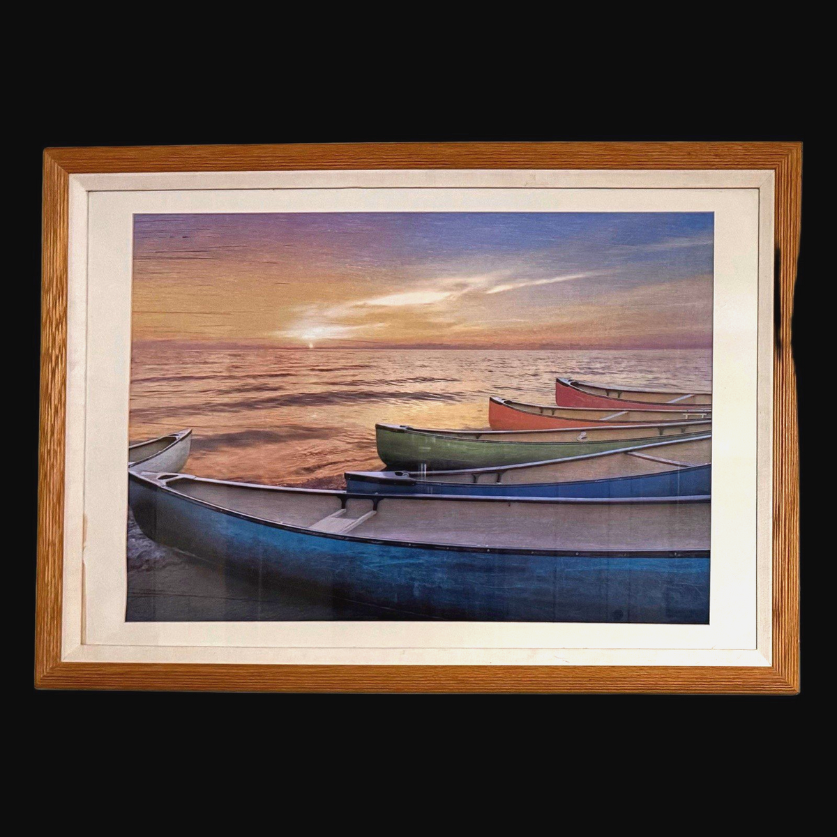 Rainbow Armada Framed Canoe Art Print – Sunset Boats Lake Ocean Wall Decor
