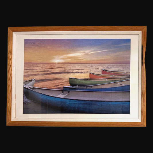 Rainbow Armada Framed Canoe Art Print – Sunset Boats Lake Ocean Wall Decor