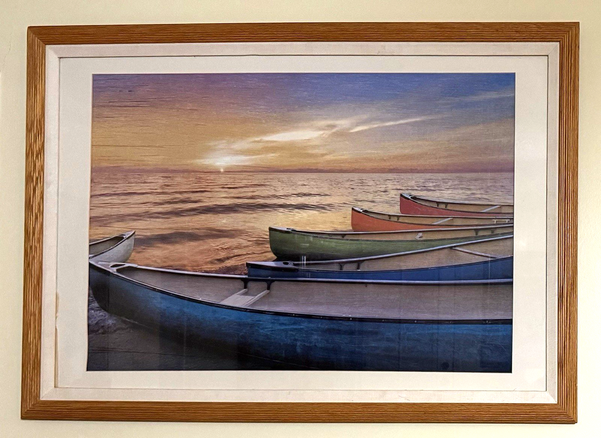 Rainbow Armada Framed Canoe Art Print – Sunset Boats Lake Ocean Wall Decor