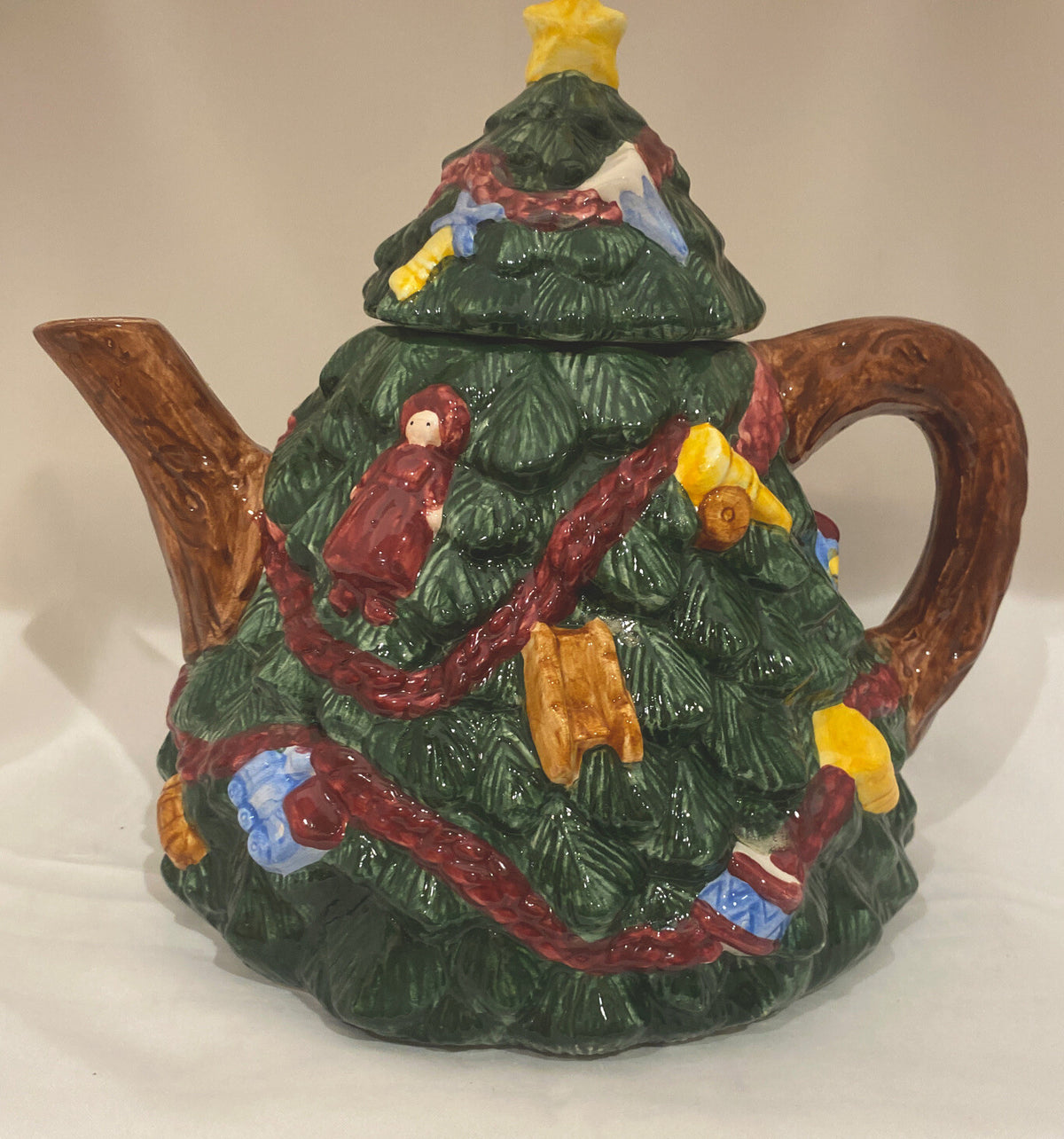R.H Macy & CO Hand Painted Teapot 1994 Christmas Tree Shaped Holiday Pot 9.5" H