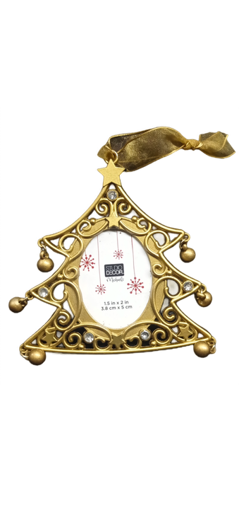 Golden Frame Christmas Tree Shaped Embellished Stones Photo Hanger Star & Balls