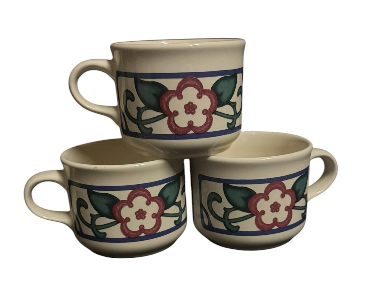 Pfaltzgraff Arbor Vine Set of 3 Coffee Tea Cups Mugs Stoneware Cream Floral