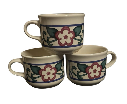 Pfaltzgraff Arbor Vine Set of 3 Coffee Tea Cups Mugs Stoneware Cream Floral