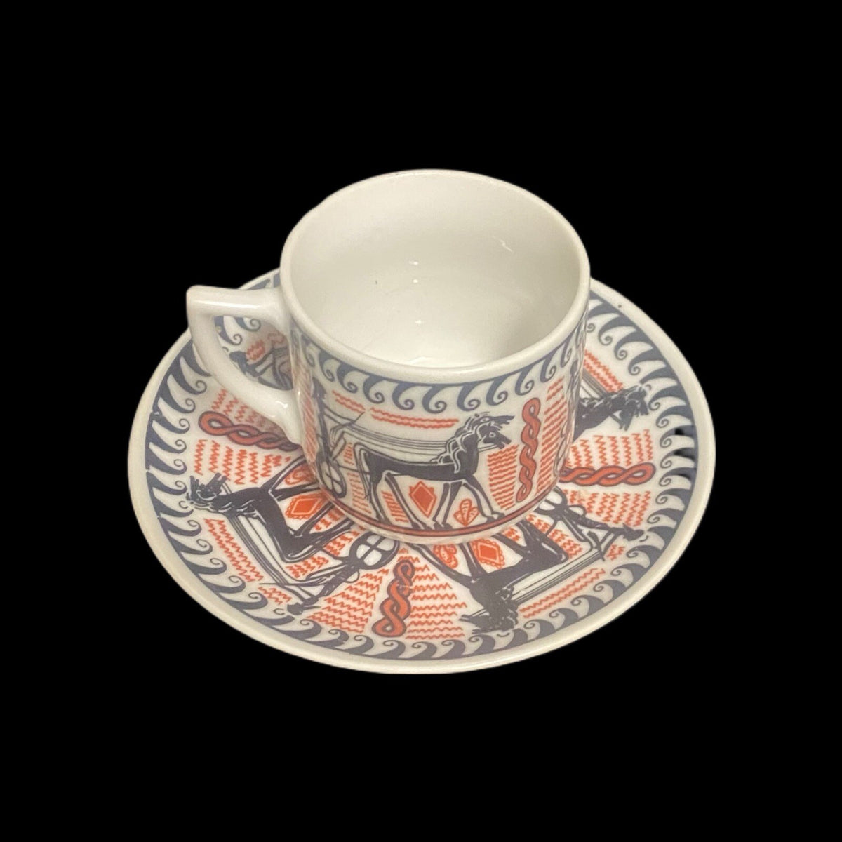 Vintage N. Leontaritis 2-Espresso Cups & 2-Saucers Horse Chariot Greece