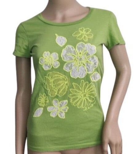 Aeropostale T-Shirt Floral Woman Cotton Top Crew Neck Md. Green Tee