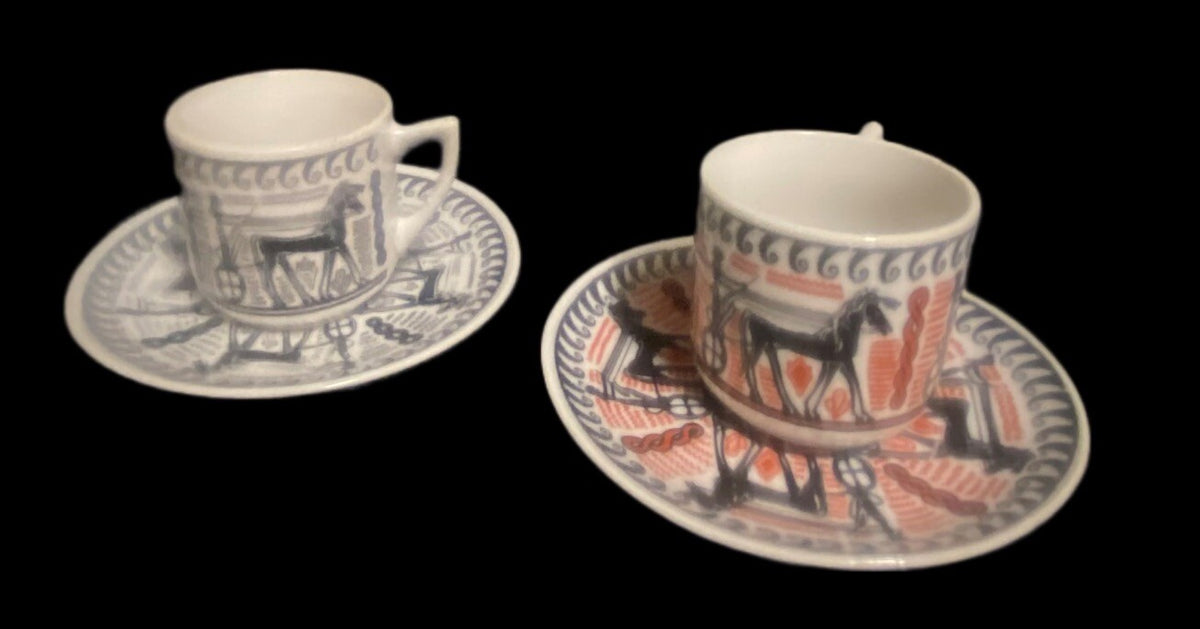 Vintage N. Leontaritis 2-Espresso Cups & 2-Saucers Horse Chariot Greece