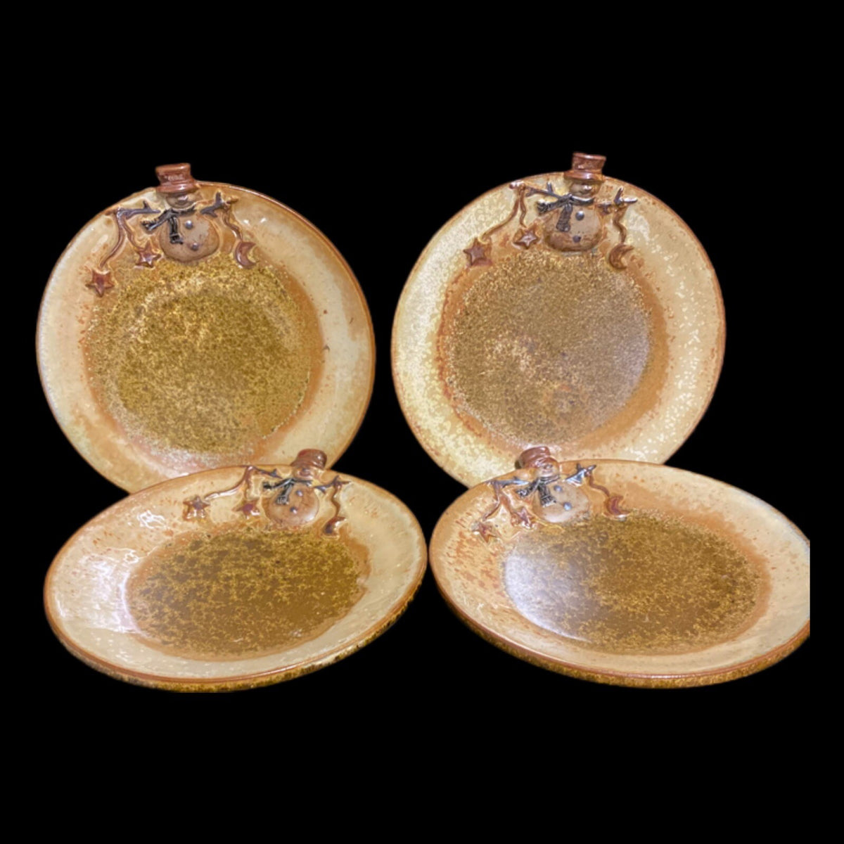 SNOWMAN 4 Salad Plates Stars Moon Stoneware Dessert Appetizer Pottery Dish Brown