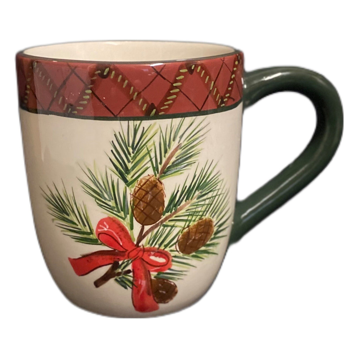 Sakura Holiday Greens 4-Mugs Red Green Plaid Border Coffee Tea  Stoneware Cup