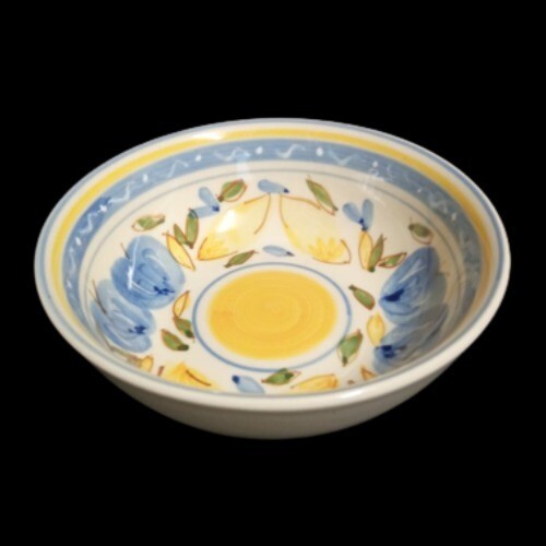 Gibson Designs CONCORDIA 3-Soup Cereal Bowls 5 7/8" D Blue Yellow Bands & Fruits
