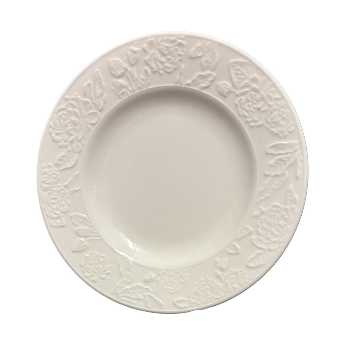 Martha Stewart VINTAGE ROSE 4-Salad Plates Embossed White Dessert Ceramic Dish