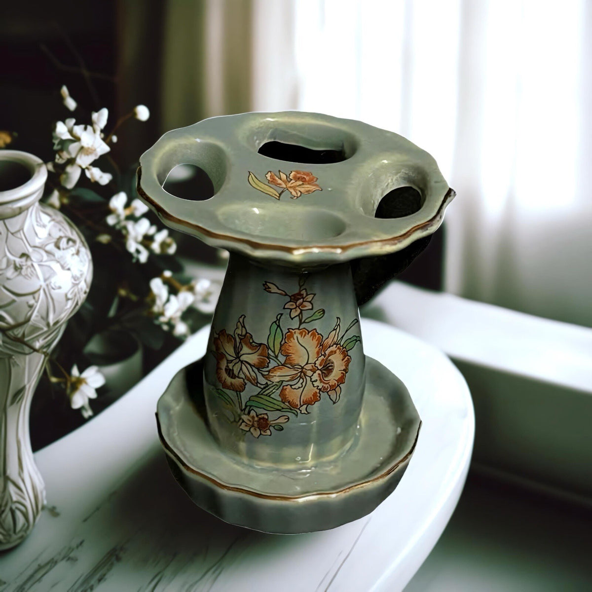 IMPERIAL JAPAN 2 Piece Soap Tray Toothbrush Holder Ceramic Floral Gold Accent