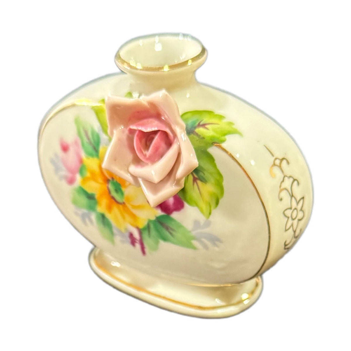 Occupied Japan Bone China Vase – White Floral with 3D Rose Appliqué & Gold Trim