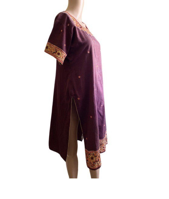 Women Embroidered Dress Kurti Indian Embellished Mirrors Tunic Top Purple Kurta