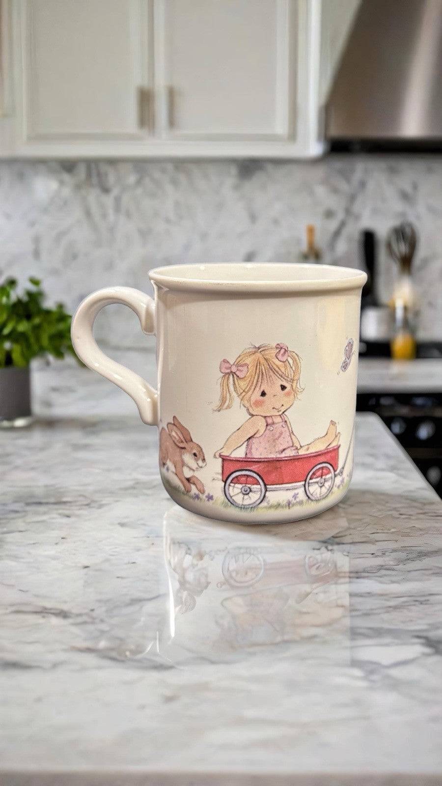 Sweet Me American Greetings Mug Wagon Bunny Girl Vintage 1984 Japan 3.5”x3.25”