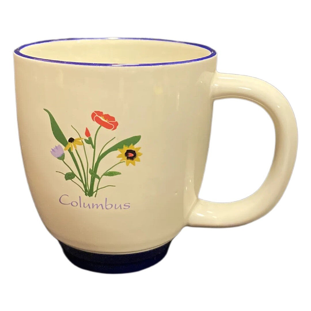 M Ware COLUMBUS Ceramic Coffee Mug White Floral Bouquet Tea Cup Blue Trim