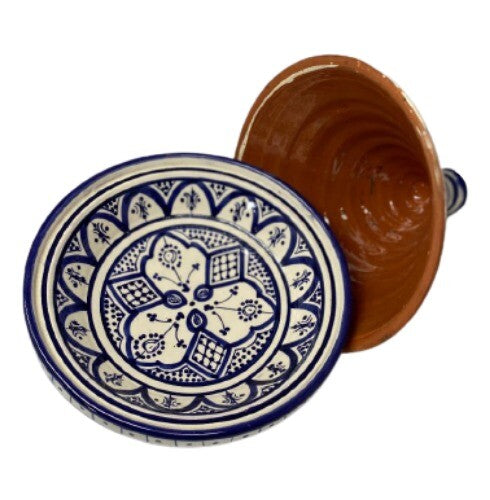 Moroccan Tagine Handcrafted Dome Lid Terracotta White & Blue Tajine 7 7/8”D