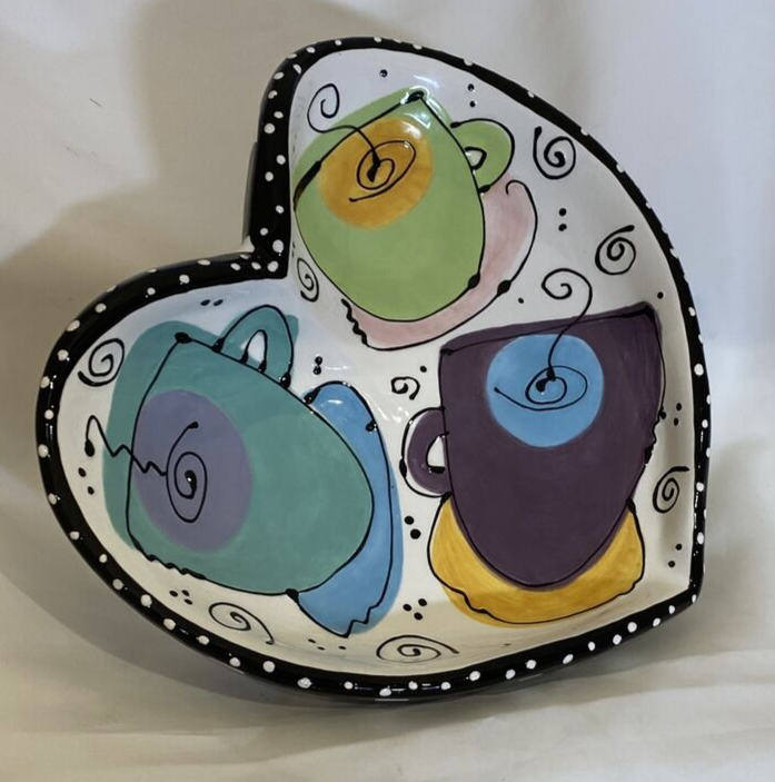 Joanne Delomba W/ Love For Lotus Serving Heart Shaped Dish Black Rim White Dots