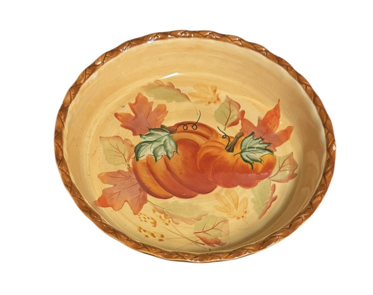 Home Accents Pumpkin Leaves 10.5” Scalloped Ceramic Serving Bowl Oven Safe