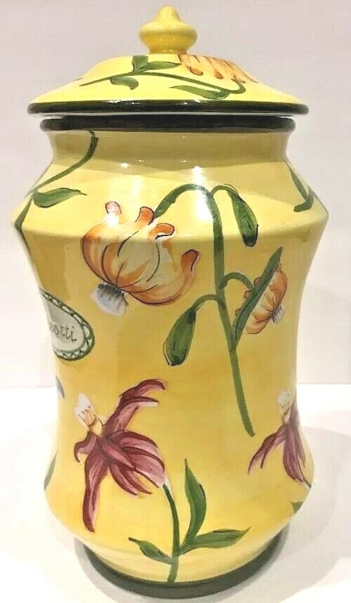 Nonni's Biscotti Cookie Jar & Lid Handmade Ceramic Floral Yellow Canister 12.5"H