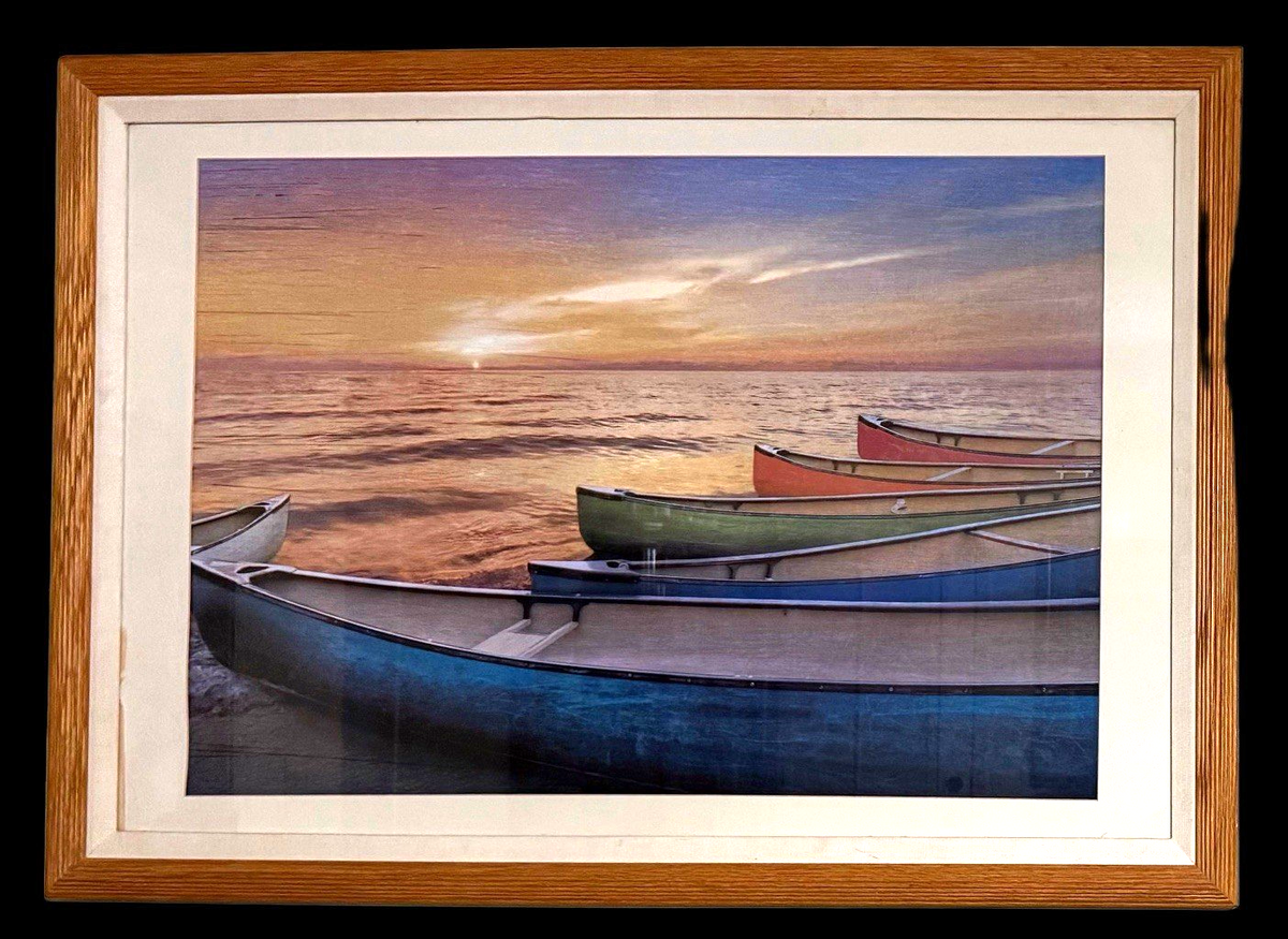 Rainbow Armada Framed Canoe Art Print – Sunset Boats Lake Ocean Wall Decor