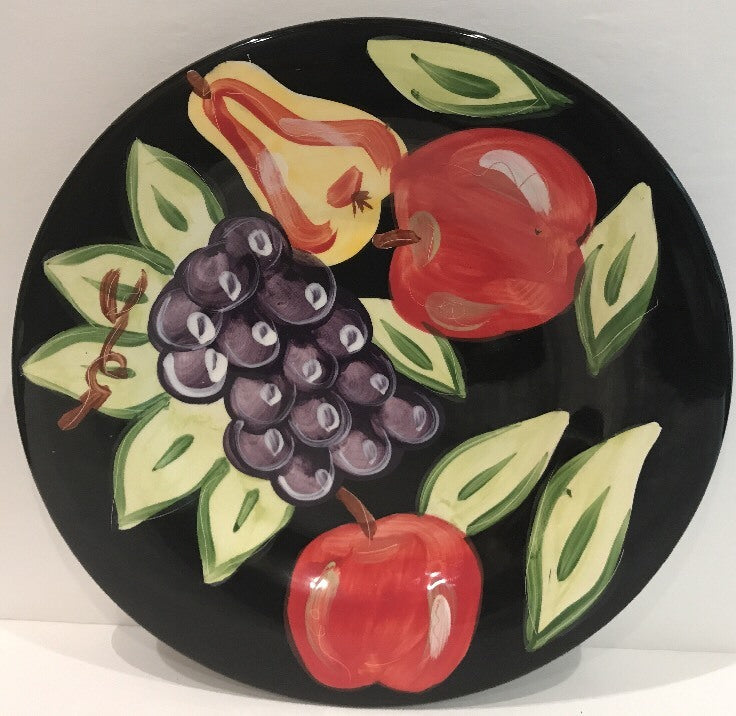 Tabletops Gallery MIDNIGHT Dinner Plate Hand Painted Black Assorted Fruits