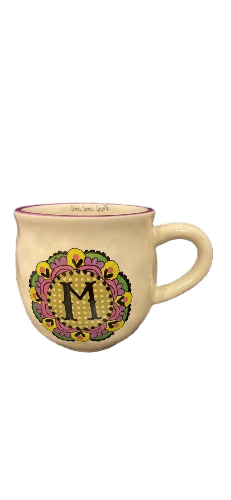 Natural Life “M” Monogram Ceramic Mug Cup – Live Love Laugh, Boho Floral Gift