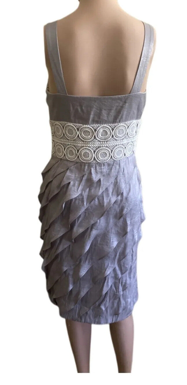 London Times Ruffle Sheath Dress Layered Sleeveless Silver Gray Side Zipper Sz 2