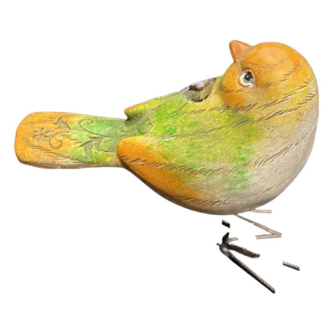Hand Painted Ceramic Bird Figurine with Butterfly | Green Yellow Metal Accents
