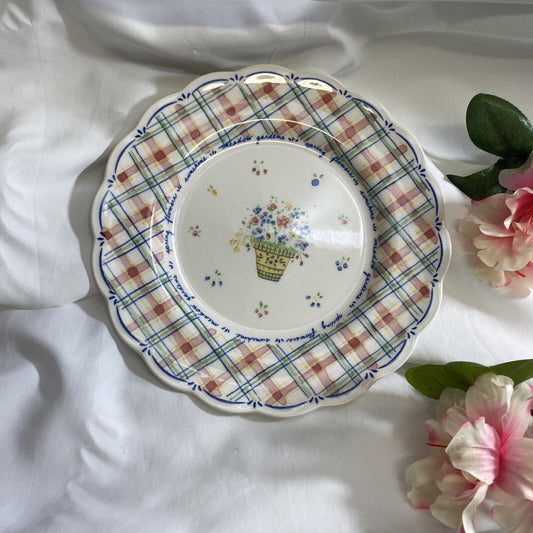 Nikko DENA'S GARDEN Salad Plate Floral Plaid 1998 Japan Freezer Oven Safe 8" D
