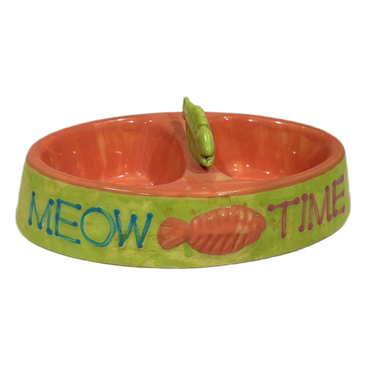 Rare Kitty Cat MEOW TIMEDouble Food Water Bowl Stoneware Dish Fish Handle