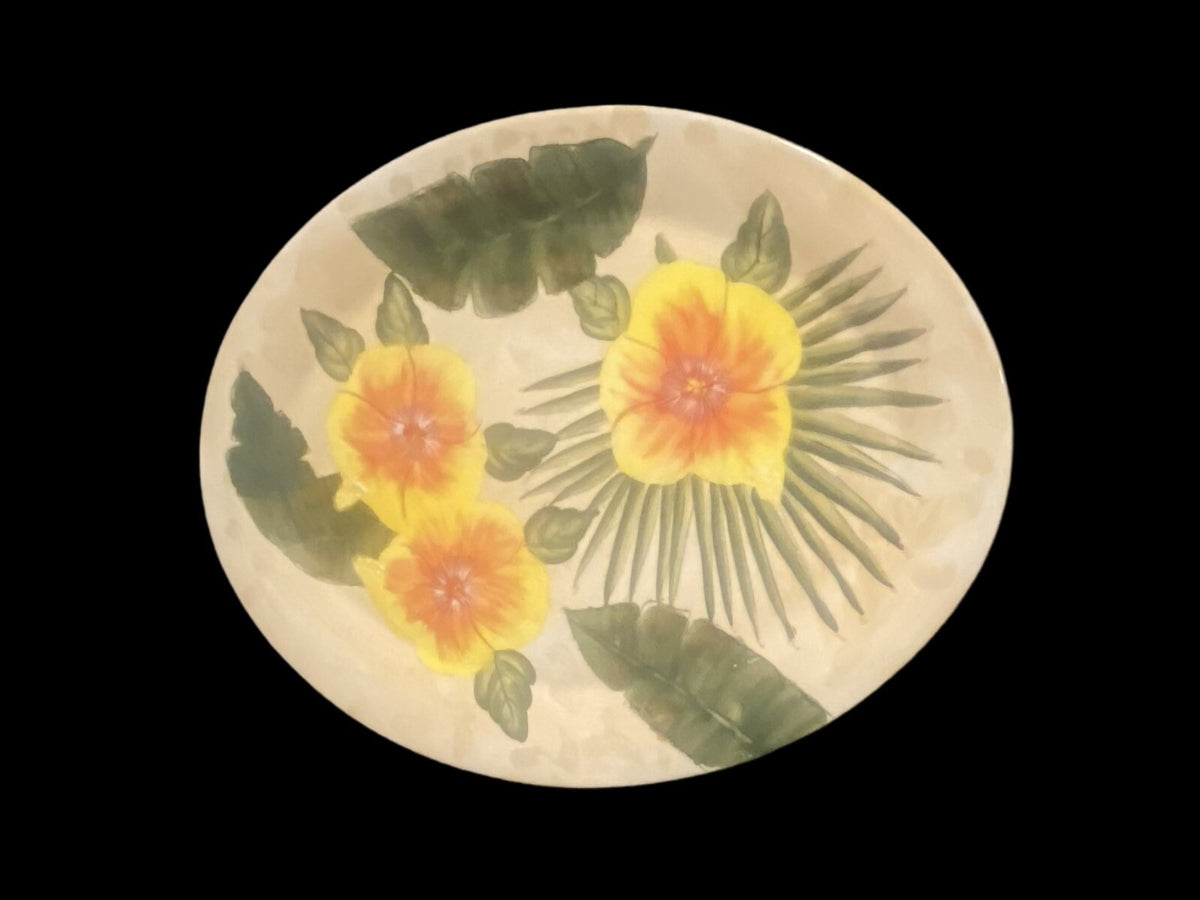 GARDEN RIDGE Pottery Oval Serving Platter Ceramic Floral Palm Leaves Tray