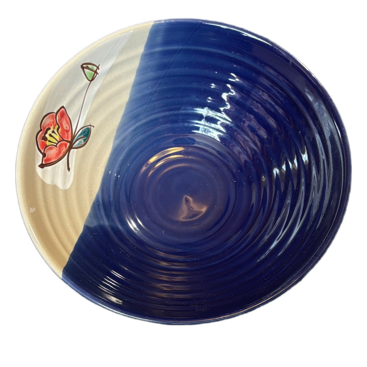 WCL Pottery Serving Bowl Lotus Floral Accent Blue Cream Vegetables Pasta Dish
